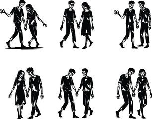 Zombie couple holding hands, walking undead, creepy figures, horror art, apocalyptic love, eerie zombie illustrations, apocalypse, undead love
