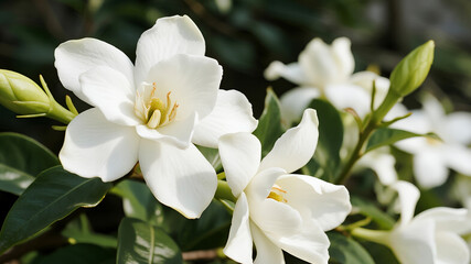 Elegant White Gardenias in Full Bloom, Exuding a Delicate Fragrance and Classic Beauty, Perfect for Bridal Bouquets and Home Decor