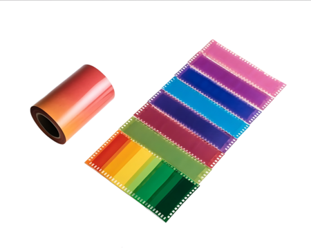 Colorful film roll and negative on a white background photography