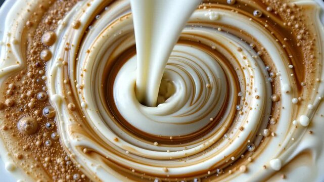 Coffee Delight: A close-up shot captures a swirling cascade of creamy liquid over coffee grounds, creating an inviting visual feast for coffee and art enthusiasts alike.