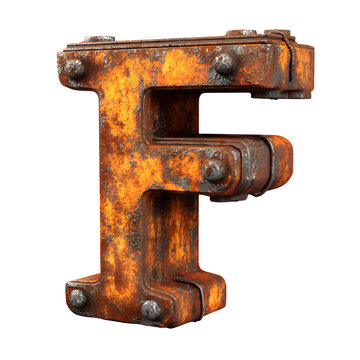 Rusty Metal Letter F: Industrial Style Typography on Black Background Design