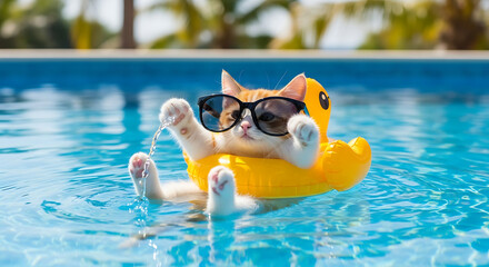 Adorable cat wearing sunglasses enjoys a refreshing swim on a yellow inflatable duck in a clear blue swimming pool on a sunny day