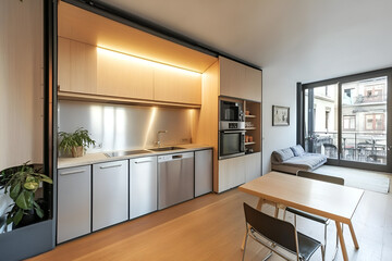 A tiny apartment kitchen with space-saving foldable furniture.