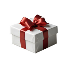 Obraz premium A single beautifully wrapped white gift box with a large red satin ribbon and bow, isolated on a clean background. Special occasion concept