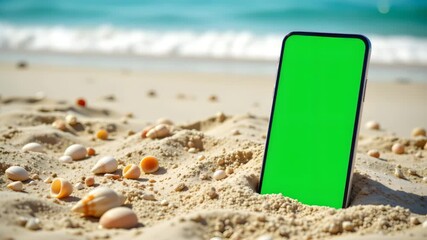 Beachfront Digital Haven: A smartphone with a blank green screen stands in the sand against the tranquil backdrop of a beautiful beach. A perfect image for display or overlay purposes.  - Powered by Adobe