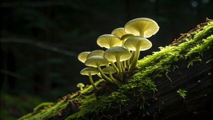 Mystical Mushrooms: A cluster of luminous mushrooms, aglow with an ethereal light, flourishes on a moss-covered log in a dark forest, creating an enchanting scene.
