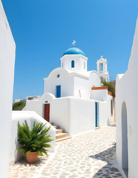 Fototapeta A picturesque Cycladic church with a blue dome sits on a whitewashed hill, under the Greek sun. Cobbled streets beckon visitors to discover the island's beauty, watercolor. isolated with white highl