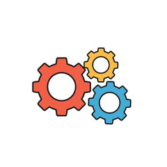 Three interconnected gears in various colors.