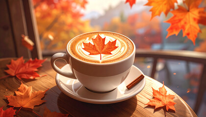 Autumn latte with maple leaf art on wooden table with scattered leaves, Cozy Canadian autumn with coffee and maple leaf latte art and scattered fall foliage