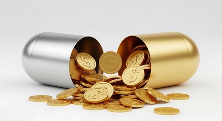Pill capsule filled with gold coins representing financial health business investment and the concept of financial medicine providing cure for economic problems with strategic investments