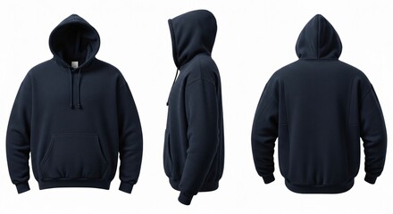 Three Views of a Navy Blue Hooded Sweatshirt with Kangaroo Pocket.