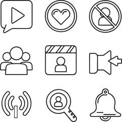 Social media thin line icons, social media like button, social media share, social media comment, social media profile, social media chat, live stream, story, growth, marketing
