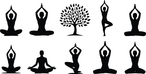 Yoga poses silhouette set, tree pose, meditation, wellness, balance, harmony, healthy lifestyle, flexibility, relaxation, mindfulness, stretching exercises.