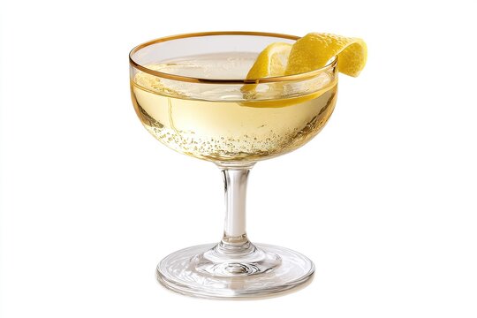 A champagne cocktail in a stemmed glass, garnished with a lemon twist