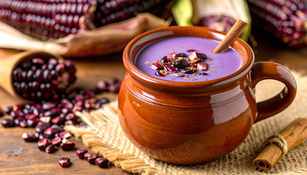 Peruvian purple corn mazamorra morada in a rustic earthenware mug, Traditional Peruvian dessert mazamorra morada with purple corn and cinnamon stick