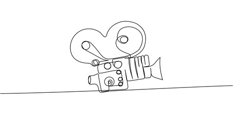 Line art of a retro movie camera with large reels, minimalist continuous drawing of a classic cinema filming device and analog cinematography tool