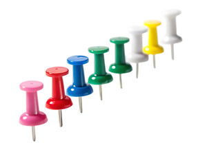 Colorful push pins arranged in a diagonal line isolated on transparent background
