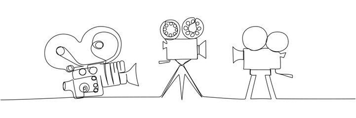 Three classic movie cameras on tripods in linear style, minimalist black outline illustration of vintage filming gear