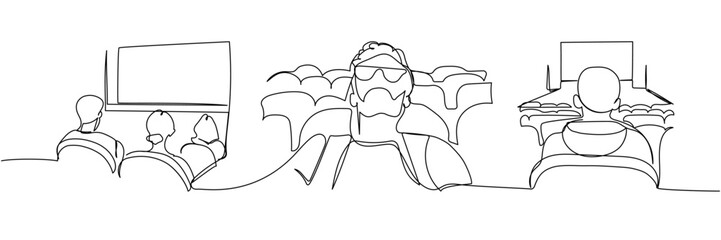 Minimalist outline of people watching a movie in cinema seats, linear black and white film audience art