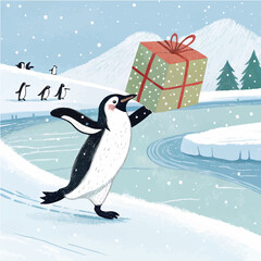 Penguin Carrying Christmas Gift in Snowy Winter Wonderland