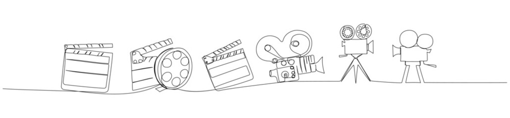 Minimalist illustration of movie clappers, film reels, and vintage cameras cinema production essentials