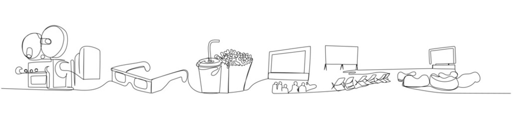 Single line drawing of cinema elements from projector to home theater journey of film watching