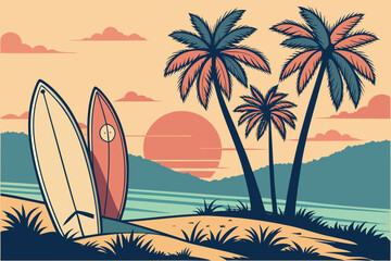 Beach scene with palm trees and surfboards at sunset