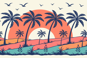 Naklejka premium Colorful Tropical Landscape with Palm Trees and Sun