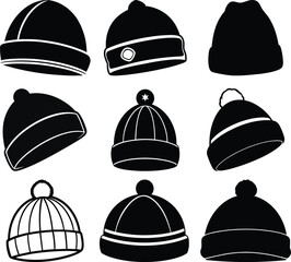 beanie hat vector black color silhouette set art and illustratio