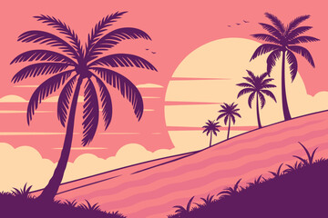 Pink Sunset Palm Trees Rolling Hills Scene purple tropical