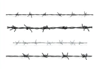 Four rows of barbed wire, grayscale, on white background, showing reflections