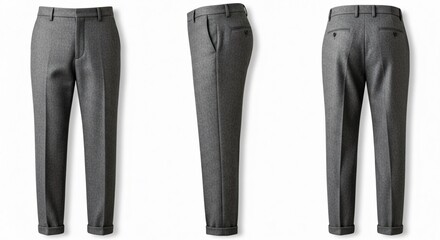 Grey Wool Trousers: Front Side and Back Views.