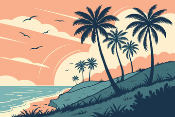 Tropical beach scene with palm trees and ocean waves