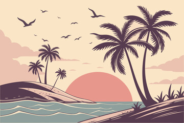 Obraz premium Tropical island beach sunset with palm trees and birds