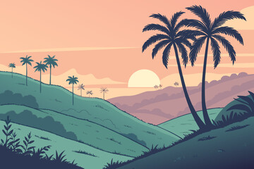 Tropical Hills and Palm Trees at Dusk landscape