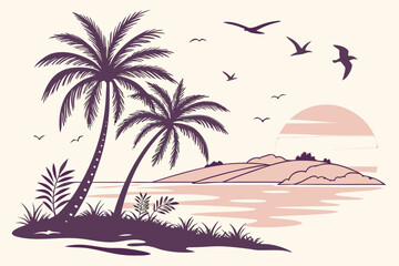 Naklejka premium Tropical island landscape with palm trees and birds at sunset