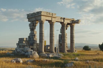 Ancient temple made of chemistry beakers tubes surreal fantasy architecture inspired by science