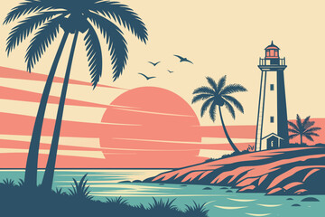 Fototapeta premium Vintage tropical beach lighthouse scene at dusk sunset