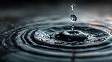 High resolution image of raindrops falling into calm water surface creating ripples and reflections captured with slow shutter speed to evoke serenity fluid motion and natural rhythm