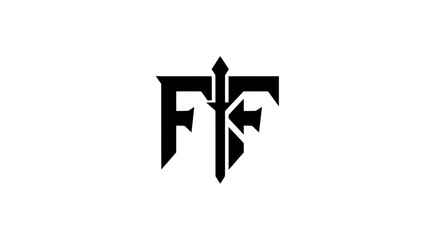 Symmetrical black gothic FF letter monogram with an intertwined sword design.