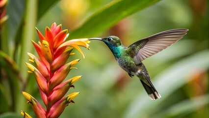Hummingbird and the Flower: The stunning close-up captures a hummingbird, a vibrant jewel in the natural world, gracefully feeding on a vivid flower in an enchanting garden.