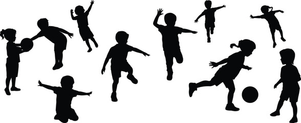 Silhouette children playing, running, jumping, kicking ball, dynamic poses, outdoor activity, childhood energy, vector illustration, stylized, isolated, expressive, bold,