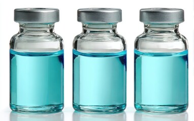 Three light-teal, clear glass vials with silver caps, on a white background