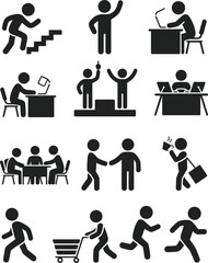 Silhouette icons of human activities, climbing stairs, waving, working, shopping, running, meeting, podium victory, vector illustration, stylized, isolated, expressive, bold, universal,