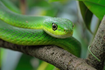 Fototapeta premium Adorable Green Snake: A Charming Reptile in its Natural Habitat Amongst Trees and Grass