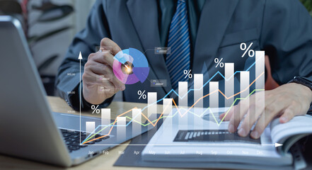 Businessman analyzing profit and percent management with long term cost planning, budgeting, financial forecasting, and revenue and expense projections for business growth.