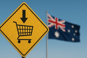 Australia consumer crisis concept with shopping cart warning sign and national flag backdrop