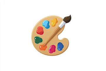 Colorful paint palette and brush on white background.  Wooden palette with various vibrant colored paints and a paintbrush.  Simple, flat design