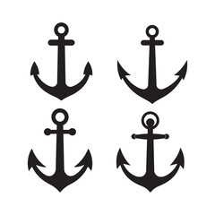 Anchor silhouette symbol shape, black and white vector set 