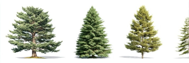 Four different types of conifer trees, isolated on white background.  Various shades of green foliage.  Distinct shapes and sizes.  Each tree has a visible trunk and shadow